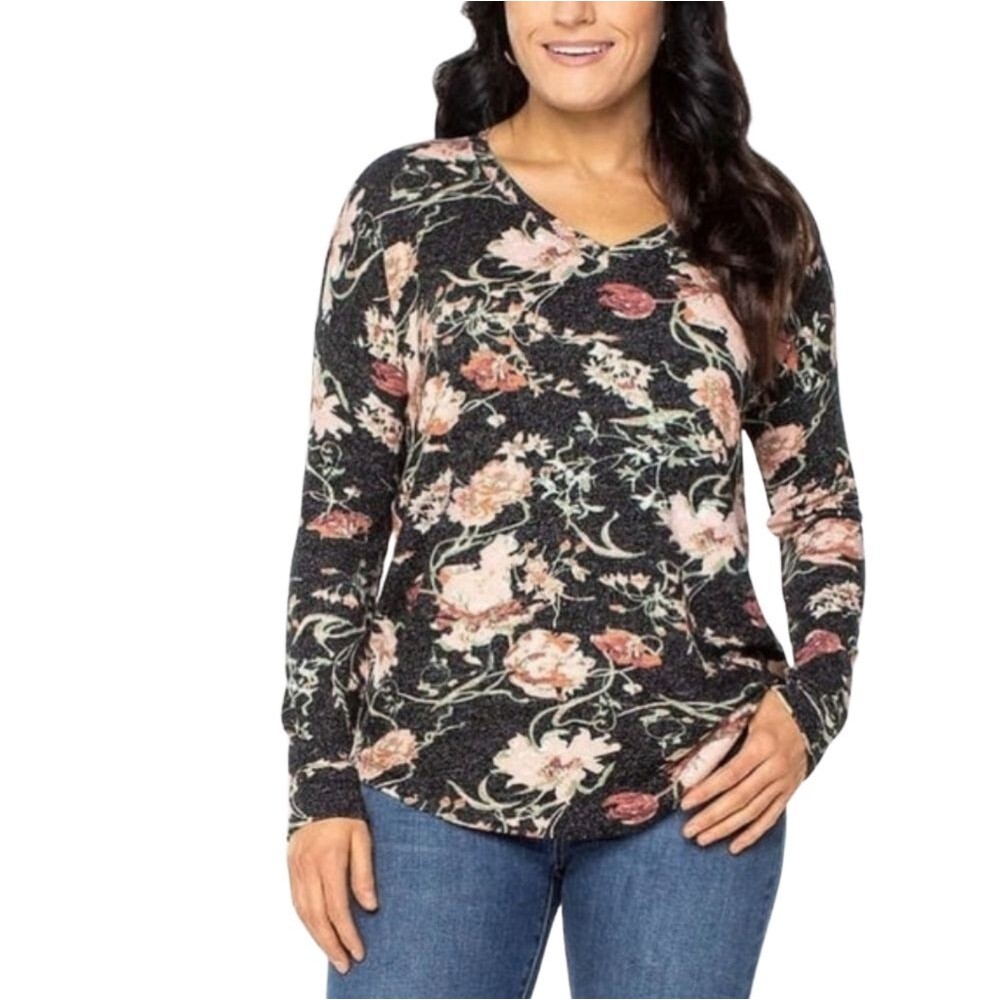 Well Worn V Neck Longsleeve Super Soft Knit Floral Shirt High Low Hem Size M